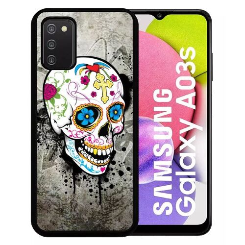 Coque Pour Galaxy A03s - Skull Fleur Bleu Fond Gris - Silicone - Noir