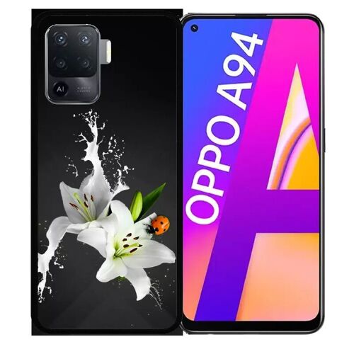 Coque Pour Oppo A94 - Lys Blanc Coccinelle Sur Fond Gris - Silicone - Noir
