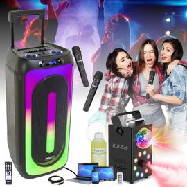 Pack Karaoké MOOVING SOUND - Enceinte Bluetooth Portable 1000W USB SD 2 Micros - Machine Fumée LED FOGGY-ASTRO Fête Anniversaire