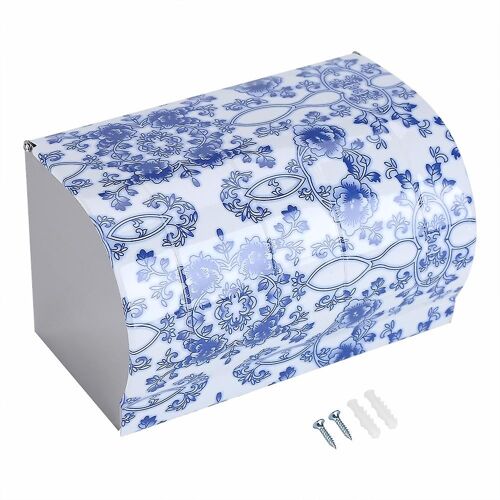 Porte-papier toilette en acier inoxydable avec couvercle mural en porcelaine bleue et blanche polie