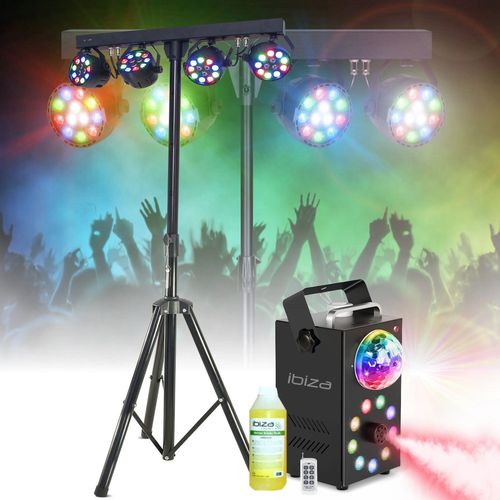 Pack Lumières IBIZA LIGHT - Pied Éclairages 4 Projecteurs PAR LED RGB - Machine Fumée LEDS RGB FOGGY-ASTRO Cadeau Fête Soirée Dj
