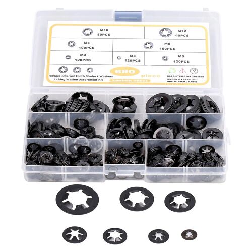 680Pcs Starlock Rondelles Plat Verrouillage Interne Dent Assortiment Kit Acier Au Carbone M3-M12