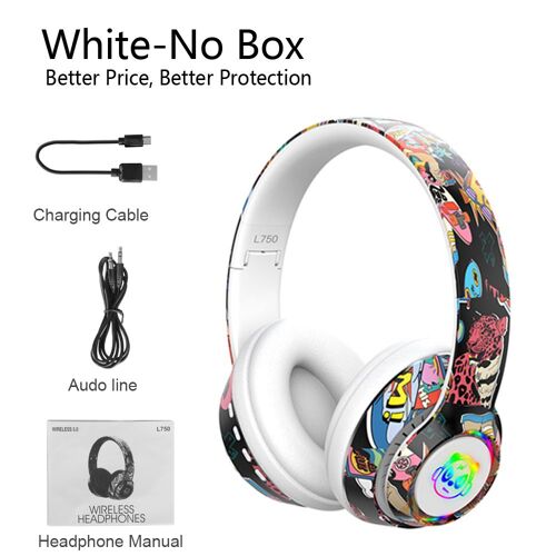 White Ensembles d'écouteurs Bluetooth sans fil Graffiti pour enfants, DJ dans le micro, lumière LED RVB, PC Gamer, écouteurs, prise en charge de la carte TF, sauna ""Nipseyteko""