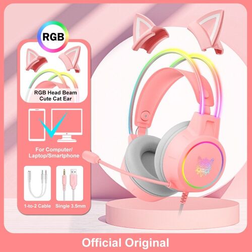 Pink with Cat Ear ONIKUMA-Casque supra-auriculaire X15 Pro, casque de jeu, écouteurs filaires à suppression, oreilles de chat rose, lumière RVB avec micro, PC, PS4 ""Nipseyteko""