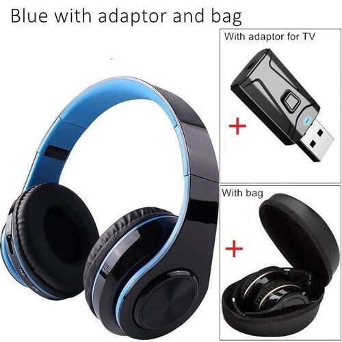 Blue-adaptor-bag Casque Bluetooth pliable avec micro, casque TV sans fil, adaptateur PC et tablette, étanche, sac de transport, jeu, musique ""Nipseyteko""