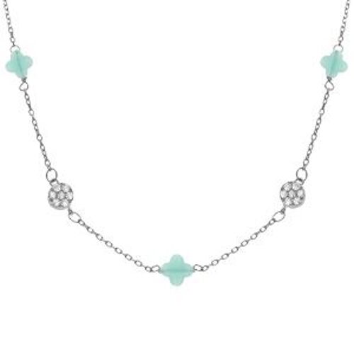 Collier Argent Rhodié Trèfle En Verre Bleu Glacial Et Pastille Oxydes Blancs 42+3cm