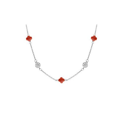 Collier Argent Rhodié Trèfle En Verre Corail Et Pastille Oxydes Blancs 42+3cm