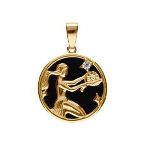 Pendentif Plaqué Or Médaille 15mm Onyx Noir Imitation Zodiaque Vierge Et 1 Oxyde Blanc