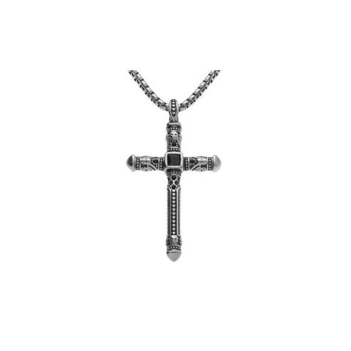 Collier Acier Maille Jaseron Pendentif Croix 45 X 27mm Oxyde Noir Sertis 55cm