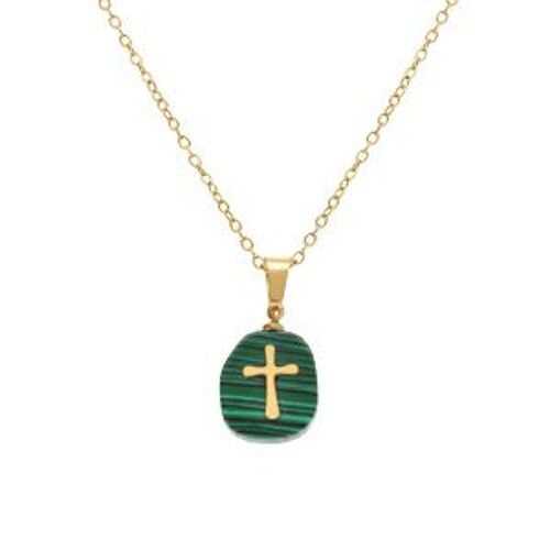 Collier Acier Doré Pendentif Malachite Véritable Avec Croix 40+6cm