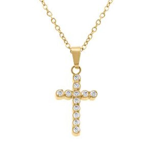 Collier Acier Doré Pendentif Croix 15 X 10mm Oxydes Blancs Sertis Clos 42+5cm