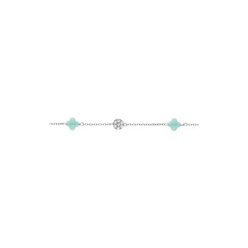 Bracelet Argent Rhodié Trèfle En Verre Bleu Glacial Et Pastille Oxydes Blancs 15.5+2.5cm