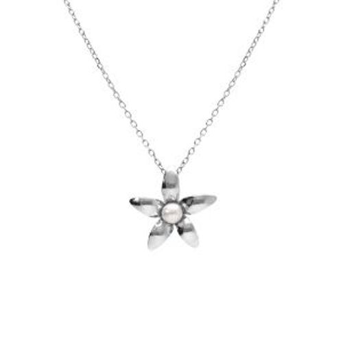 Collier Argent Rhodié Pendentif Petite Fleur Et Perle Blanche Imitation 40+5cm