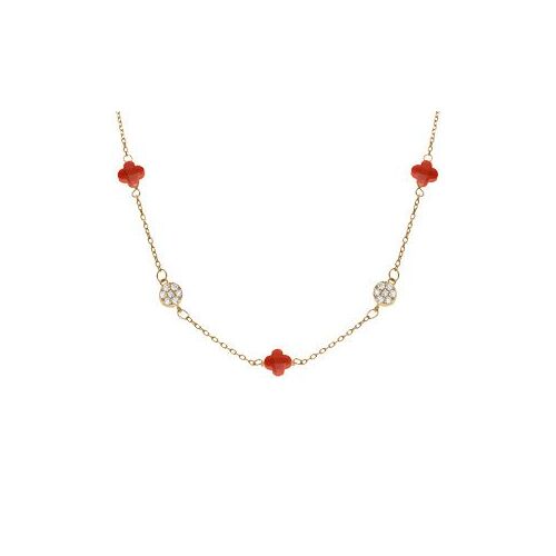 Collier Argent Doré Trèfle En Verre Corail Et Pastille Oxydes Blancs 42+3cm
