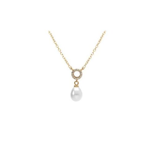 Collier Argent Doré Cercle Oxydes Blancs Sertis Et Perle Blanche Imitation 38+5cm