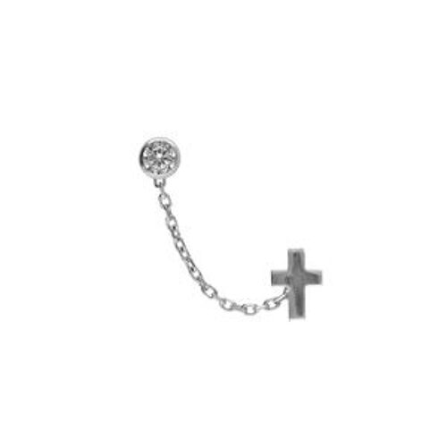 Boucles D'oreilles Argent Rhodié Chaînette Oxyde Blanc 4mm Sertis Et Croix Lisse