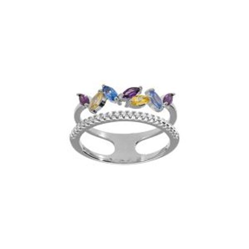 Bague Argent Rhodié Double Rang Oxydes Violet Bleu Et Jaune