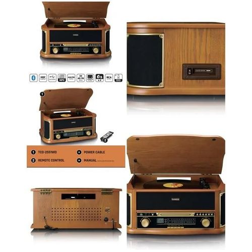 Platine Disque Vinyle Vintage Bluetooth RETRO BOIS avec Radio -FM-USB-RCA/AUX-Télécommande-Lecteur CD