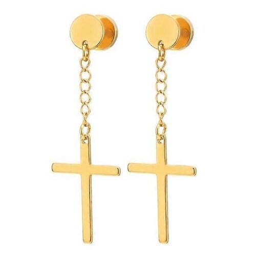 Pack De 2 Boucles D'oreilles Piercing Faux Plug Avec Croix Suspendue Or Or