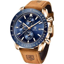 Montre Benyar Classique Homme - Boîtier Acier, Bracelet Cuir Marron - Cadran Bleu - Neuf Avec Boîte