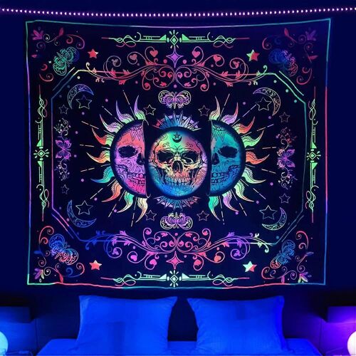 Blacklight Trippy soleil et lune étoiles tapisserie UV réactif crâne tapisserie Tenture murale psychédélique noir lumière squelette tapisseries pour chambre à coucher aestheti