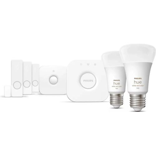 Kit de démarrage Philips Hue Secure avec capteurs de contact, détecteur de mouvement, 2 ampoules E27 et un Hue Bridge