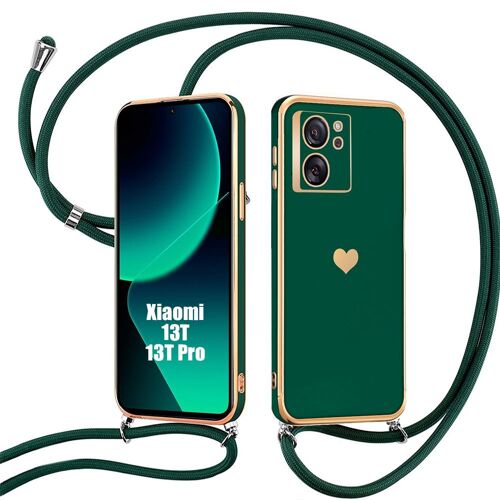 Coque pour Xiaomi 13T / 13T Pro, Vert Nuit, Housse Antichoc en TPU Souple avec Lanière en Nylon, Motif d'Amour Style Galvanisé - E.F.Connection