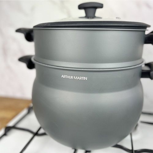 Am2215 : Couscoussier Arthur Martin En Aluminium 10l Revêtement Anti Adhérent - 26cm - Tous Feux Dont Induction Avec Bouchon Évaporateur - Couleur Gris Mat