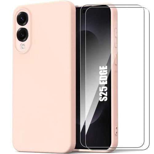 Coque + 2 Verres Trempés Pour Samsung Galaxy S25 Edge - Protection Silicone Liquide Doux Anti-Rayures Rose - E.F.Connection