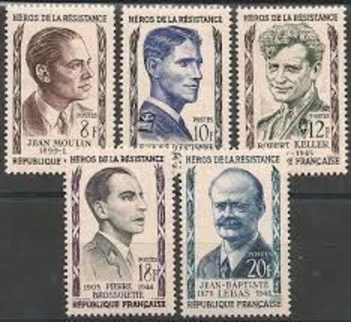 Héros De La Résistance (1) : Jean Moulin, Henri D'Estienne D'Orves, Robert Keller, Pierre Brossolette, Jean-Baptiste Lebas Série Complète Année 1957 N° 1100 1101 1102 1103 1104 Yvert Et Tellier Luxe