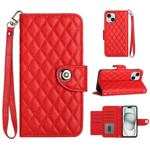 Étui Pour Iphone 15 Protection Élégante Antichoc Portefeuille Couverture Titulaire De La Carte Bande De Poignet - Rouge
