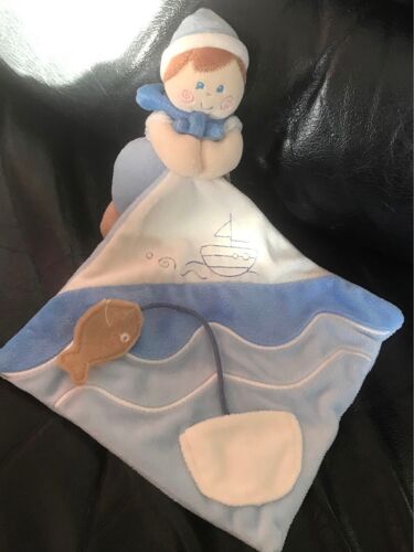 Baby Luna Doudou Plat Marin Matelot Mouchoir Bleu Blanc Poisson Bateau