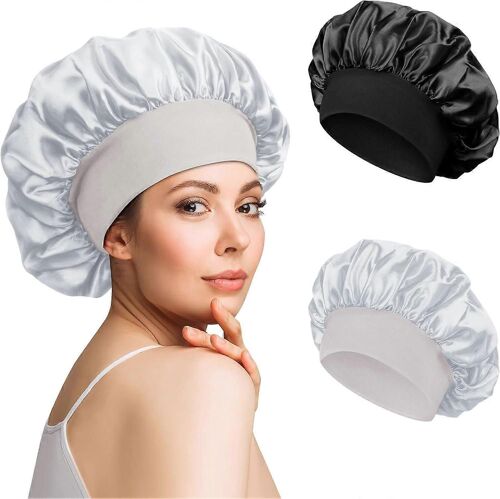2 Pièces Satin Night Hair Bonnet, Satin Night Bonnet, Silk Night Hair Bonnet Night Hair Bonnet Pour Les Femmes (Noir, Argent)