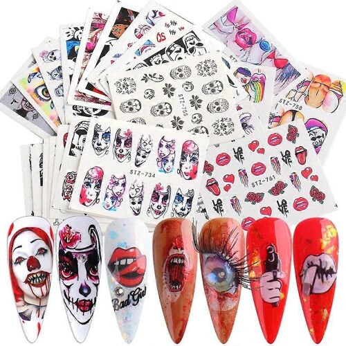 24 Feuilles Halloween Nail Stickers Jour De La Mort Transfert D'eau Stickers Pour Ongles Crâne Ghost Eye Hulk Clown Sorcière Nail Art Stickers Halloween Party Supply 