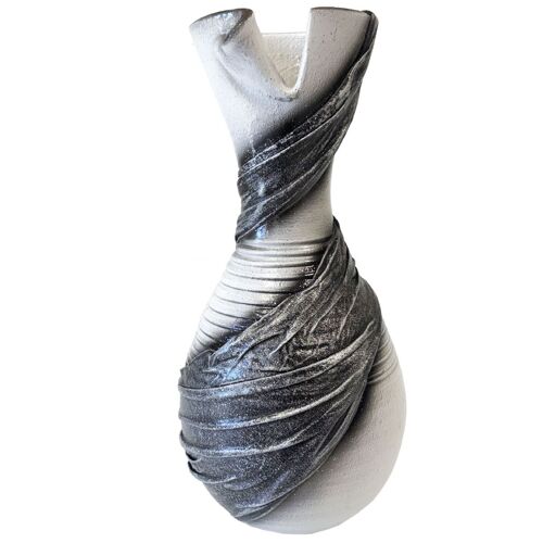 Vase artisanal drapé de tissus blanc et gris pailleté 30 cm