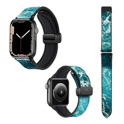 Bracelet Montre Pour Apple Iwatch 18 Mm (38/40/41/42/44/45 Mm) En Silicone Et Cuir Véritable : Ocean