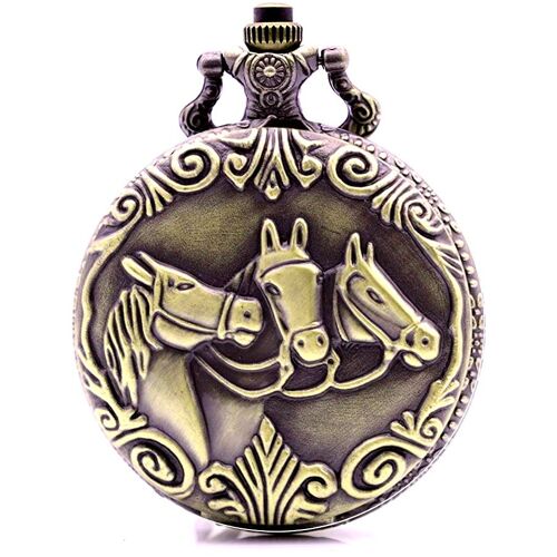 Montre Gousset 3 Têtes De Chevaux Métal Coloris Bronze Clapet Motif Cheval