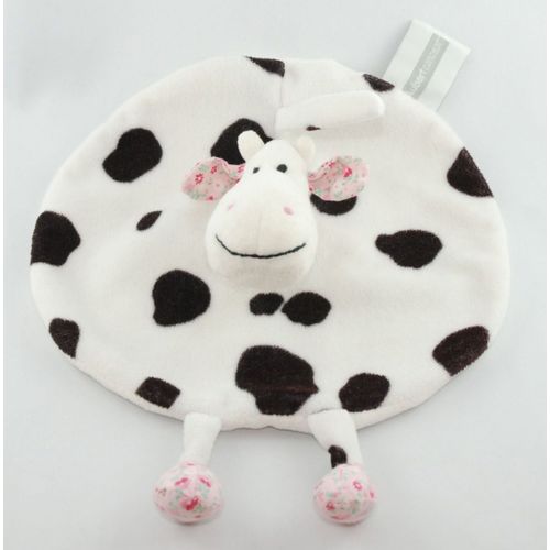 Doudou Peluche Plat Rond Vache Kuh Cow Aubert Aubertconcerpt Blanc Tache Noir Pattes Jambes Rose Fleurs Bebe Eveil Naissance Enfant Aubert