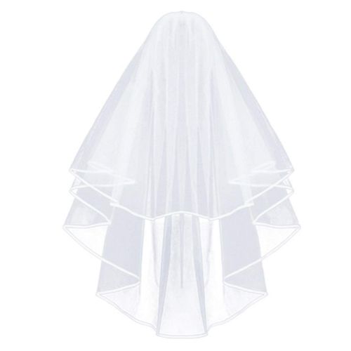 Voile de Mariage Courte 2 Couches avec Peigne Voile de Mariée Brodé de Ruban Vintage Niveaux Cathédrale de Mariage Blanc Tulle pour Déguisements de Soirées Fête Reprises de Banquet