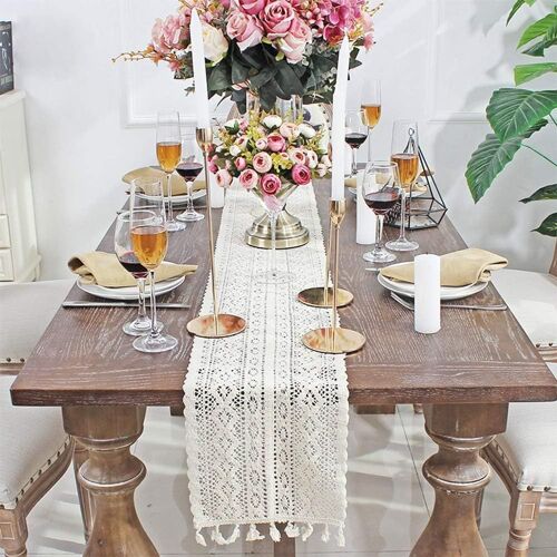 Chemin De Table En Macramé Beige, Rectangulaire, Dentelle Au Crochet, Maille Creuse Élégante Goodnice