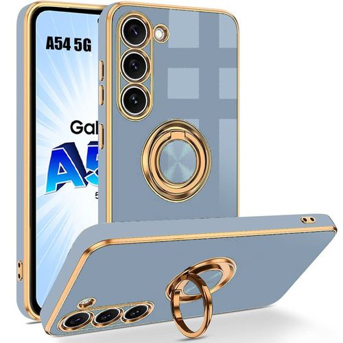 Coque Pour Samsung Galaxy A54 5g - Bleu - Antichoc En Silicone Liquide, Anneau Support Rotatif De Bague Mignon Placage - Booling