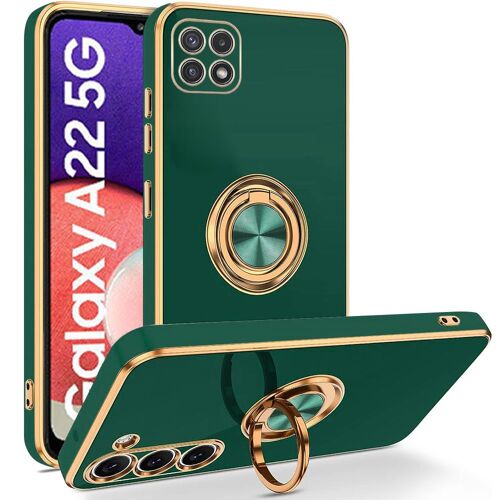 Coque pour Samsung Galaxy A22 5G, Vert Nuit, Antichoc en TPU Souple avec Support à Anneau Rotatif et Bordure Plaquée - BOOLING