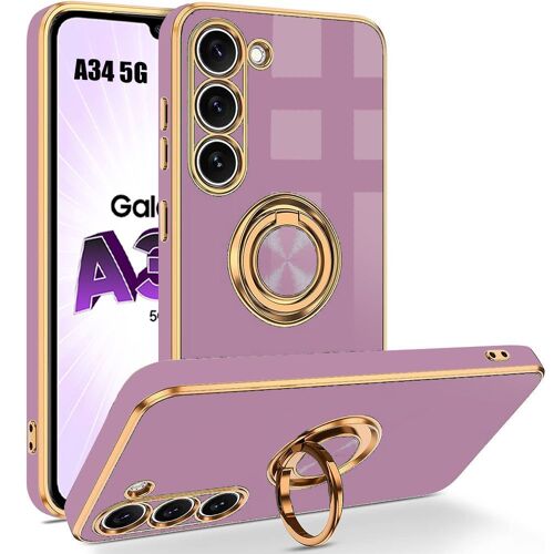 Coque Pour Samsung Galaxy A34 5g, Violet, Antichoc En Silicone Liquide Avec Anneau 360 ° Rotatif Et Bordure Plaquée - Booling