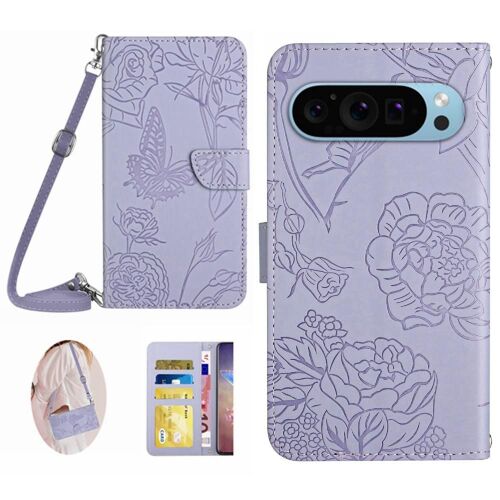 Étui Pour Google Pixel 9 Pro Avec Porte-Carte Et Longue Sangle Cuir Pu Doux Portefeuille En Cuir Papillons Et Fleurs - Violet Clair