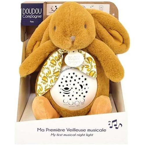 KALANKA-DOUDOU ET COMPAGNIE - Veilleuse Musicale Lapin ocre avec Projection d¿Étoiles ¿ Doudou Peluche avec Mélodies et Lumières Apaisantes ¿ Compagnon Nuit Bébé ¿ Idée Cadeau Naissance - DC4205