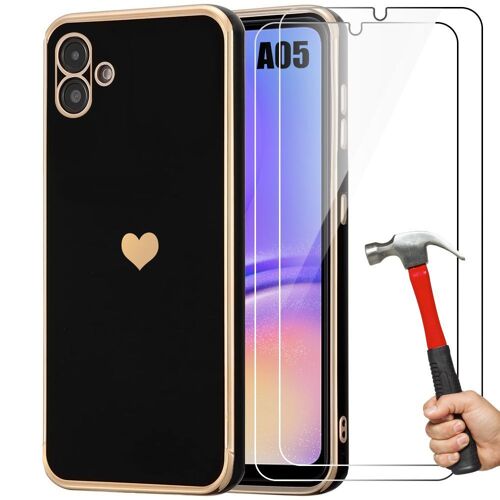 Coque + 2 Verres Trempés Pour Samsung Galaxy A05 (Pas Pour A05s), Coque En Silicone Liquide Motif Amour, Protection Antichoc - Noir - Booling