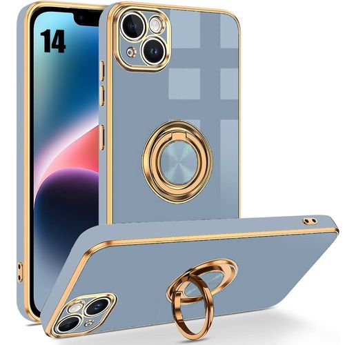 Coque Pour Iphone 14, Silicone Liquide Avec Anneau, Design Support De Bague Mignon Placage, Protection Antichoc, Bleu - E.F.Connection