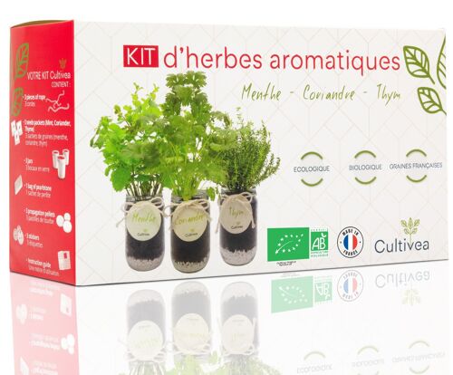 CULTIVEA® Kit Prêt à Pousser d?Herbes Aromatiques ? Graines 100% Bio ? Made in France - Potager d'intérieur - Plante (Menthe, Coriandre, Thym) - Idée Cadeau