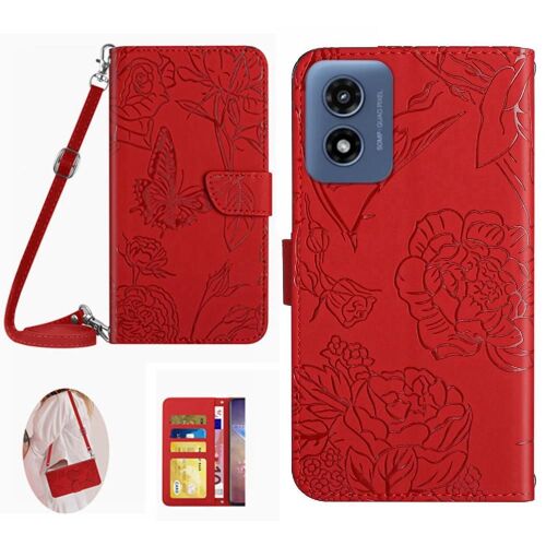 Étui Pour Motorola Moto G 5g 2024 Portefeuille En Cuir Papillons Et Fleurs Avec Porte-Carte Et Longue Sangle Cuir Pu Doux - Rouge