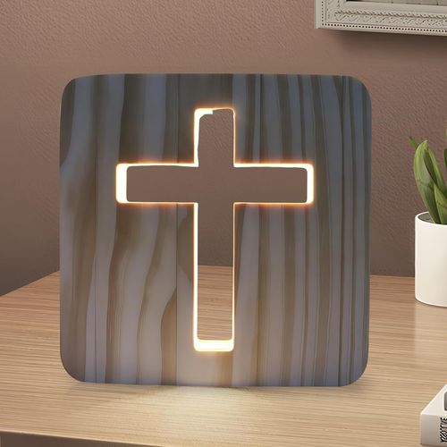 KALANKA-Veilleuse Croix de Jésus : 3D Sculpture sur Bois Lampe de Nuit LED, Lumière Chaude Petite Lampe de Table pour Chambre, 3D Jésus Croix Religieuse Mini Veilleuse, Cadeaux de Pâques, Décorations